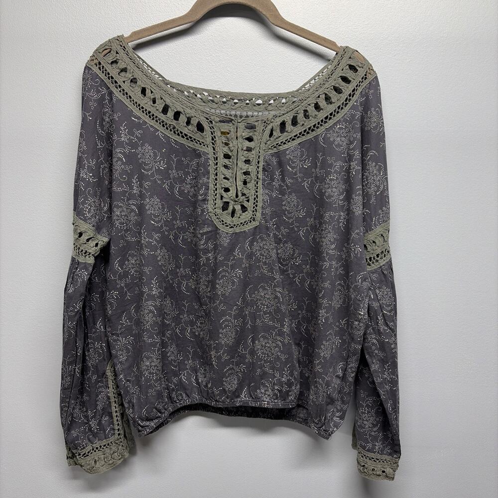 Free People Peasant Top/Navy Blue w/Green Crochet Lace Trim/Long Sleeve/Sz Small